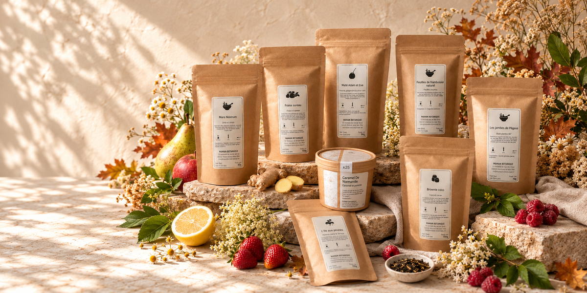 Infusions Maman Botanique en sachets kraft, ambiance d'automne