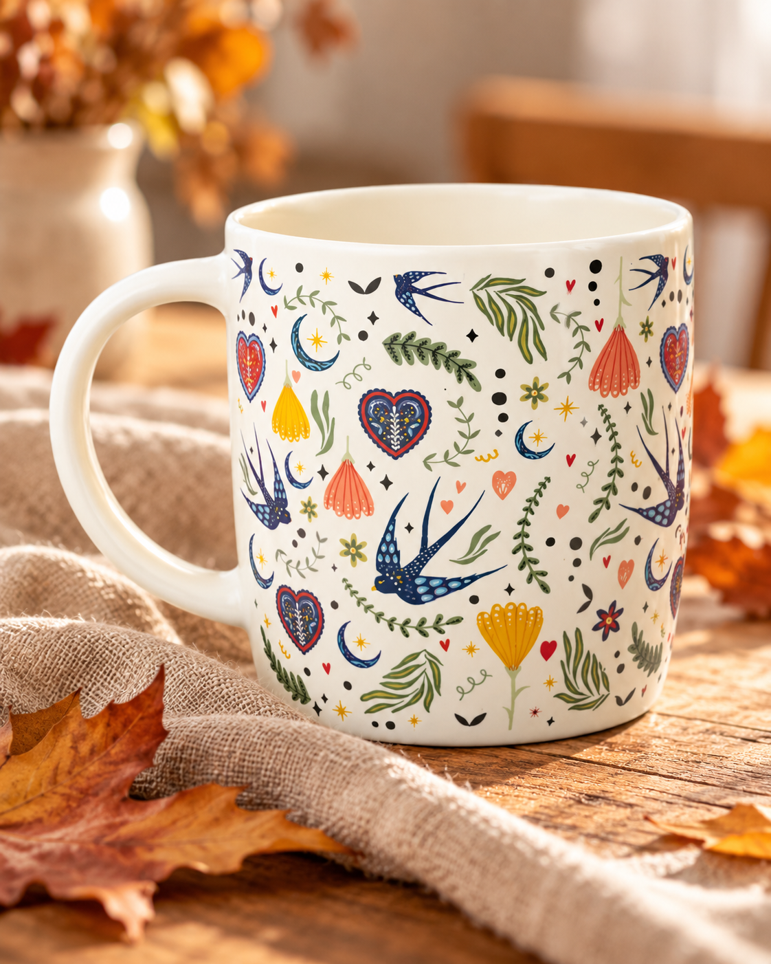 Mug hirondelles et cœurs fleuris