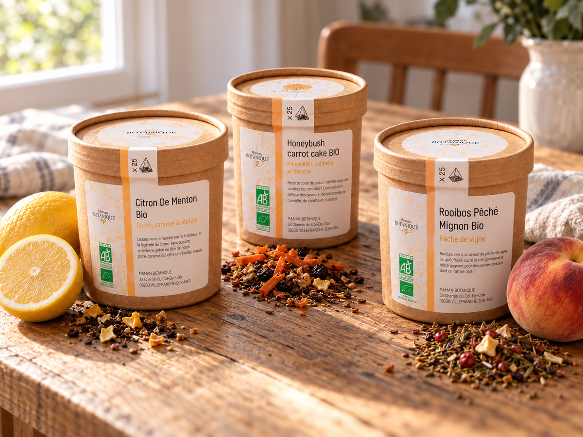 Trio d'infusions bio sans théine : Rooibos Pêché Mignon, Citron de Menton et Honeybush Carrot Cake en pots