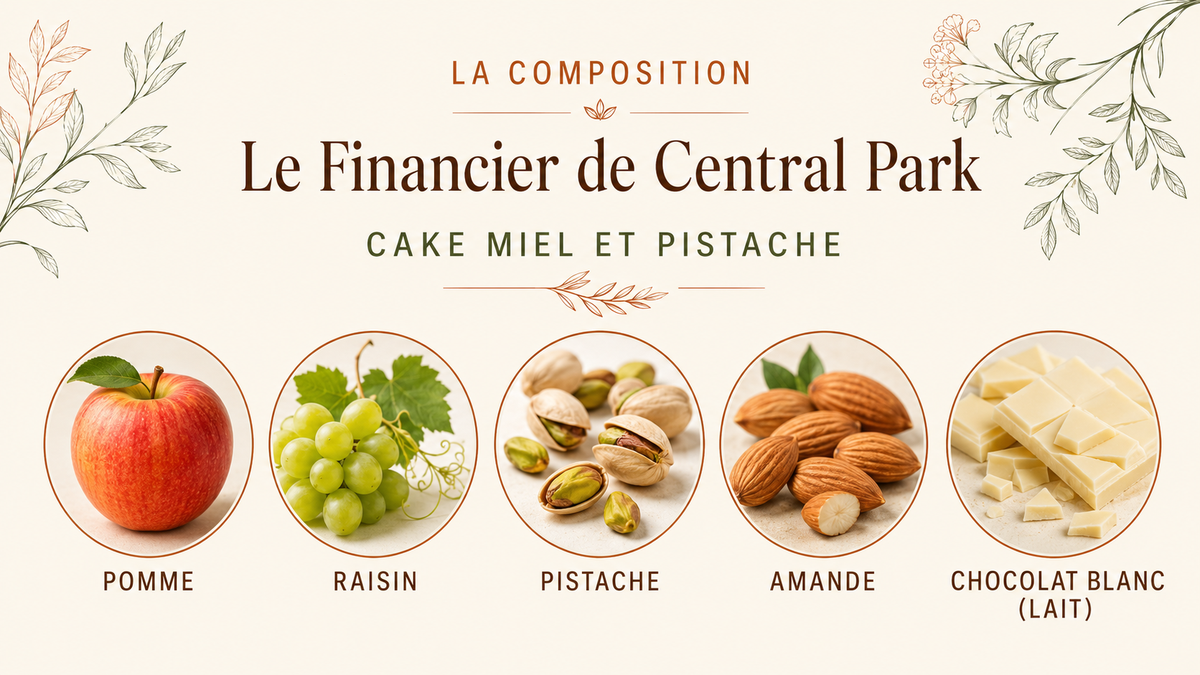 Composition de Le Financier de Central Park – Pistache & chocolat blanc